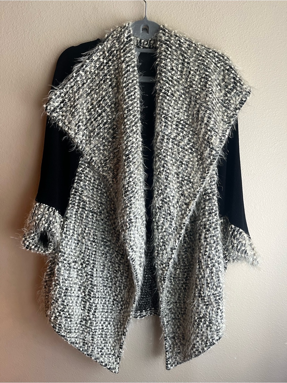 Cozy Black and Cream Open-Front Bouclé Sweater